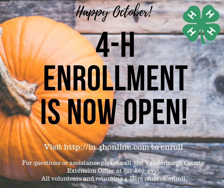 4HVanderburgh's tweet image. Happy October! 4-H Enrollment is officially open! Come join the fun! Visit in.4honline.com today to enroll.  #vanderburgh4h #indana4h #4hjointheclub #4hgrowshere