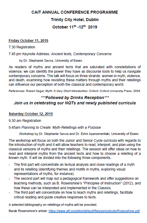 IrelandClassics's tweet photo. See the agenda for our Annual Conference on the 11th/12th of October in Trinity City Hotel, Dublin! RSVP at louiselmaguire@gmail.com by October 2! #Classics #Education #teachers https://t.co/QDucin7ugh