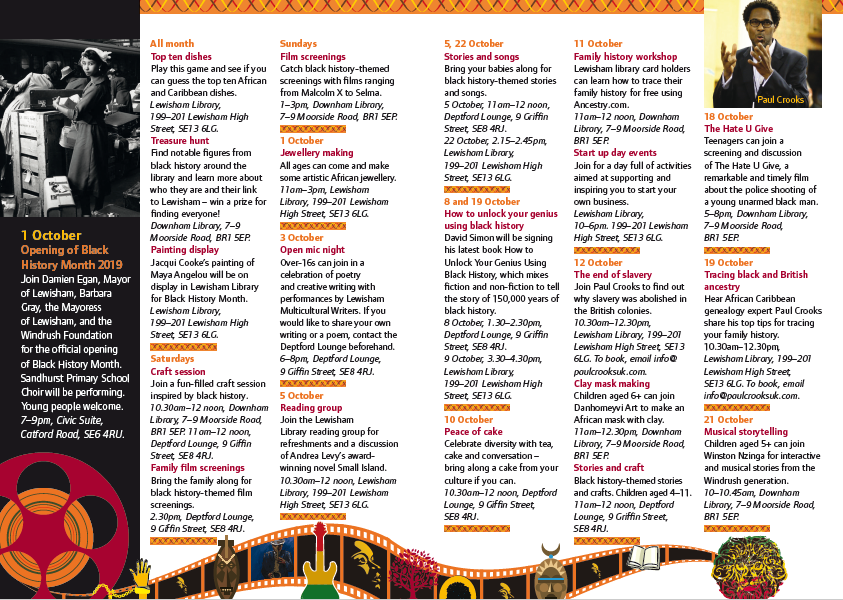 LewishamCouncil's tweet photo. Dozens of events will be taking place across #Lewisham to mark #BlackHistoryMonth. Pick up a brochure in your library or see https://t.co/eWumbg0JMl @jgslater #IAmLewisham #MyLocalCulture 
Read more here: https://t.co/YwD7puOaJE https://t.co/hB86wWGCwa