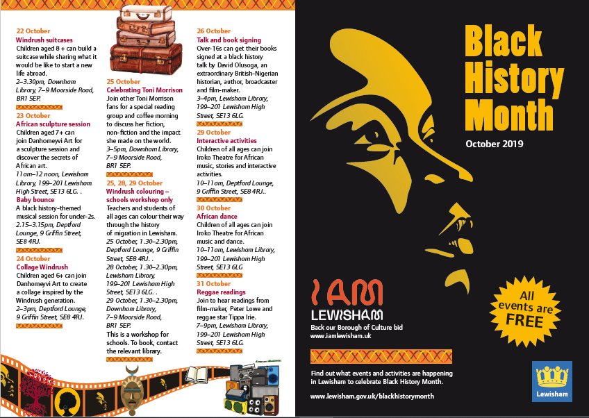 LewishamCouncil's tweet photo. Dozens of events will be taking place across #Lewisham to mark #BlackHistoryMonth. Pick up a brochure in your library or see https://t.co/eWumbg0JMl @jgslater #IAmLewisham #MyLocalCulture 
Read more here: https://t.co/YwD7puOaJE https://t.co/hB86wWGCwa