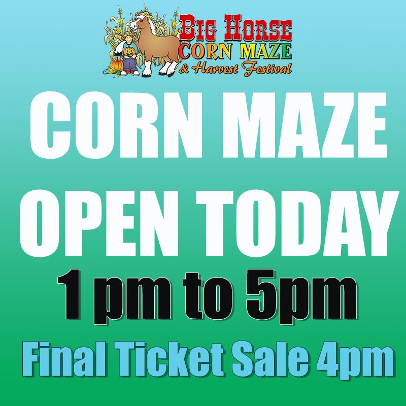 The biggest Corn Maze in So Cal is open Tuesday to Friday 1 pm - 5 pm ~ bring the kids along after school!

Also open weekends 10 am to 5 pm.

Last ticket sold / entry at 4 pm  (so you get out before it gets dark!).

#bighorsecornmaze #cornmaze #farmdays #familydayout #temecula