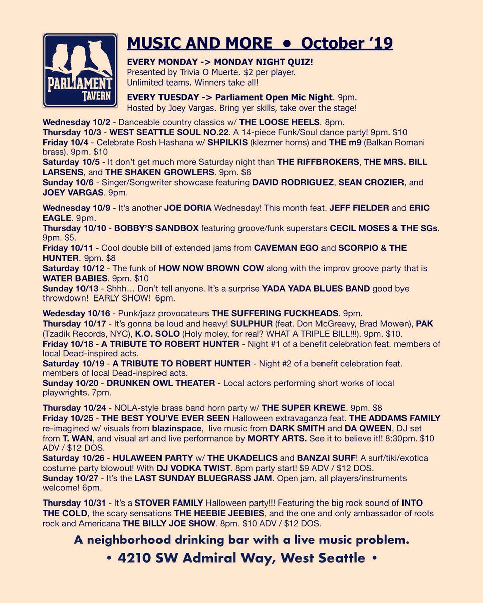 Welcome October! Here we go!
Some fabulous artists and outstanding bands coming your way this month. Highlights include <a href="/west_soul/">West Seattle Soul</a> @MusicianJD <a href="/theriffbrokers/">theriffbrokers</a> <a href="/CavemanEgo/">Caveman Ego</a> <a href="/kateplayssax/">Kate Olson</a> @seeblazinspace <a href="/intothecoldband/">Into The Cold</a> <a href="/billyjoehuels/">Billy Joe Huels</a>