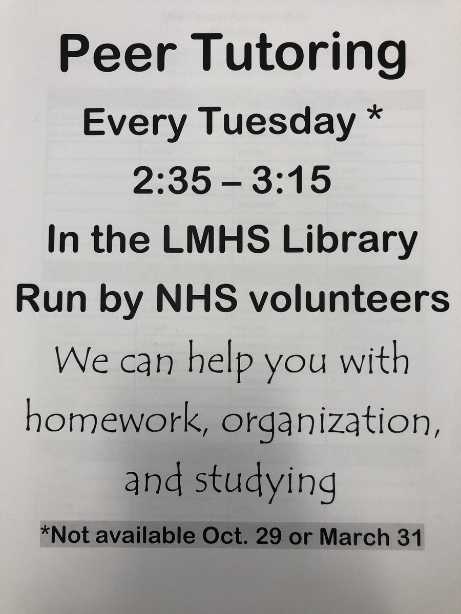 It started today. Peer tutoring is available every Tuesday for students in grades 6-12. We can all benefit from this support, and it’s free! @LHS_BlueKnights <a href="/LMHSAP/">A. Scott</a>