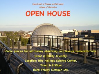 This Friday October 4th we are hosting the first Open House event of the semester. Stop by from 7-8:30pm for astronomy observing and science demos!