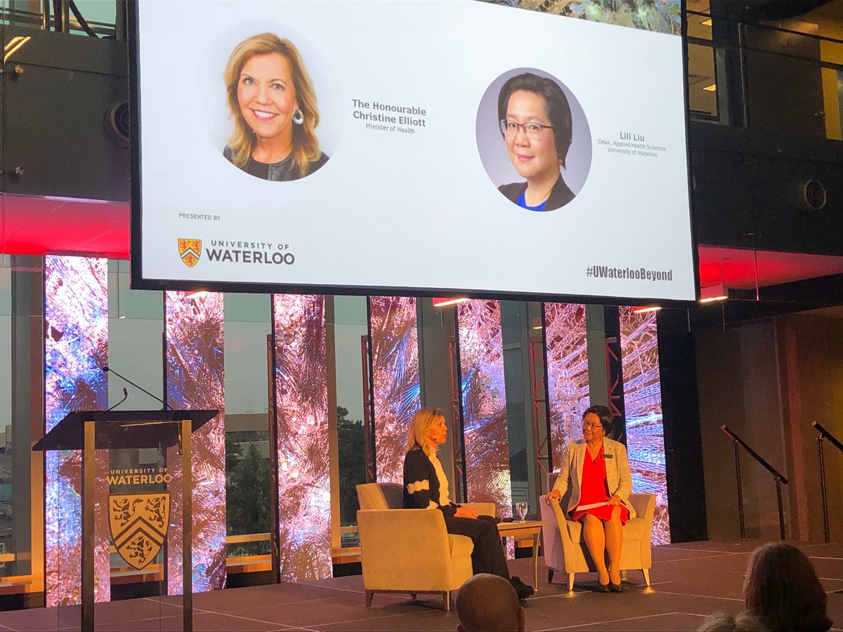 UWaterloo's tweet photo. Deputy Premier of Ontario and Minister of Health, the Hon. Christine Elliot (@celliottability) takes the Waterloo Innovation Summit stage in conversation with Lili Liu (@lililiu_ca), Dean of @ahswaterloo. #UWaterlooBeyond https://t.co/q5exjbj9fP