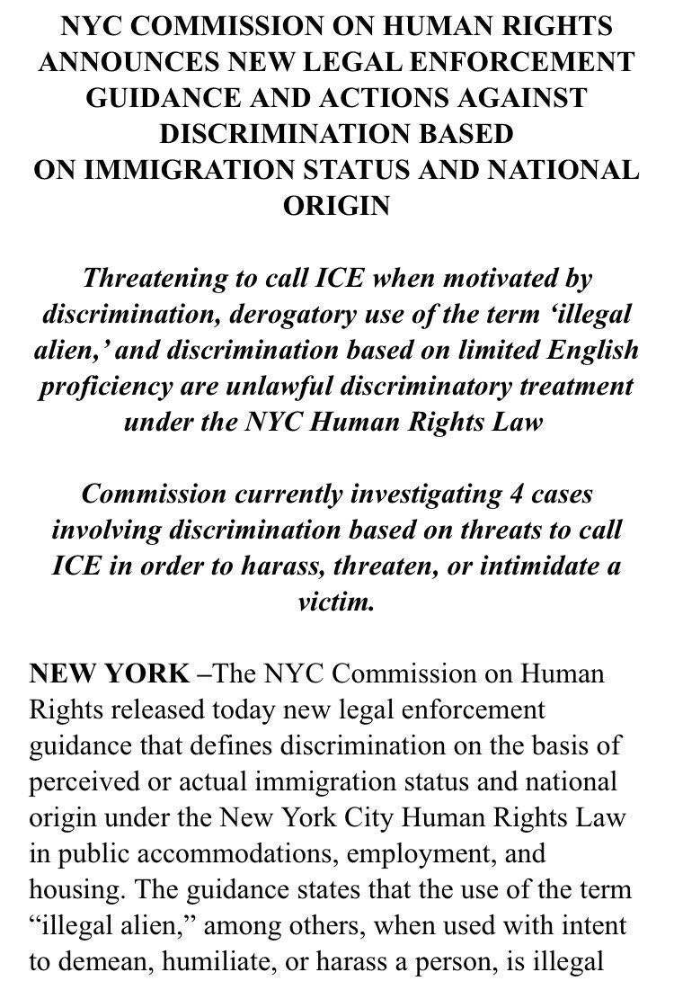 nycgov's tweet image. BREAKING:
New York City has made it illegal to threaten to call ICE based on a discriminatory motive or to tell someone "go back to your country." Hate has no place here.