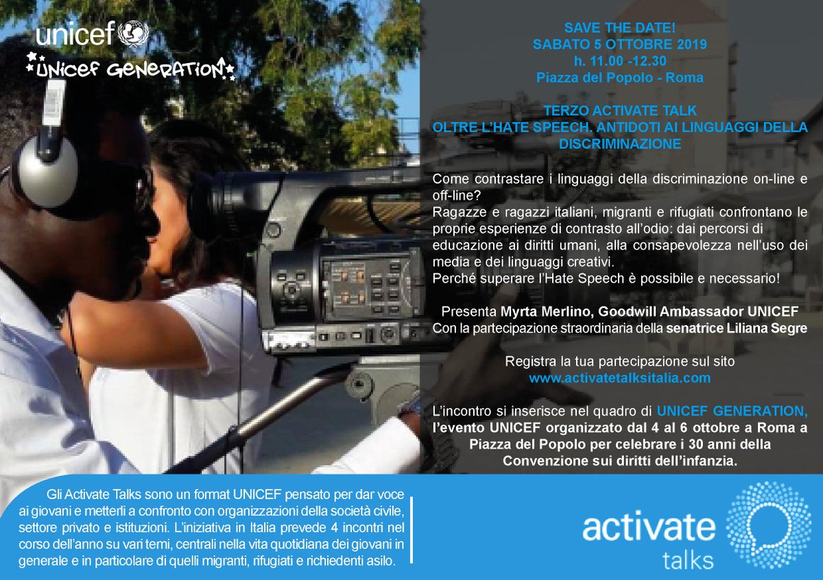 MuLab_it's tweet photo. Siamo molto contenti che il nostro🇪🇺#HITproject team sia parte di #ActivateTalk di UNICEF con una testimonianza su #HateSpeech. I giovani sono il nostro futuro... ascoltiamoli! Sabato 5 Ottobre h. 11.00 - 12.30 Piazza Del Popolo - Roma https://t.co/bIsMF8C3lN https://t.co/XSc01NO5Sa