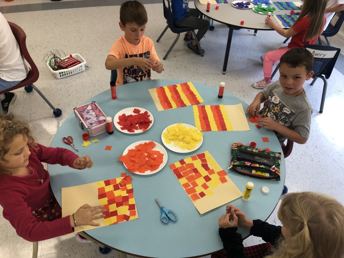 Grade1Matheson's tweet photo. Tissue paper art with warm and cool colours https://t.co/ZTZoOqjjBH