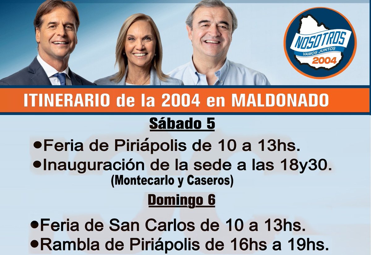 Silvanouruguay's tweet photo. A días de la definición para nuestros próximos 5 años nos preparamos para un fin de semana de militancia.
Para el cambio debemos hablar con la gente y mostrar nuestras propuestas.
MALDONADO le dice "SI" al cambio votando la @2004Lista
@LuisLacallePou
@jorgewlarranaga
#LuisEs2004 https://t.co/u8ykq6coLy