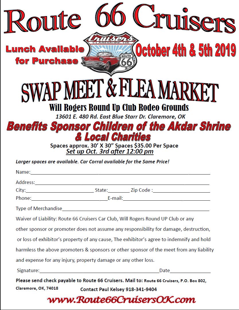 Route 66 Cruisers Claremore Swap Meet &amp; Flea Market
October 4th &amp; 5th Will Rogers Rodeo Grounds Claremore, OK.
#swapmeet #fleamarket #claremore #moreclaremore #downtownclaremore #oklahoma