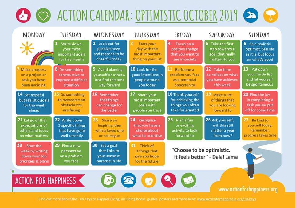IHM_tweets's tweet image. Welcome to Optimistic October from @actionhappiness 🙂🌟💫