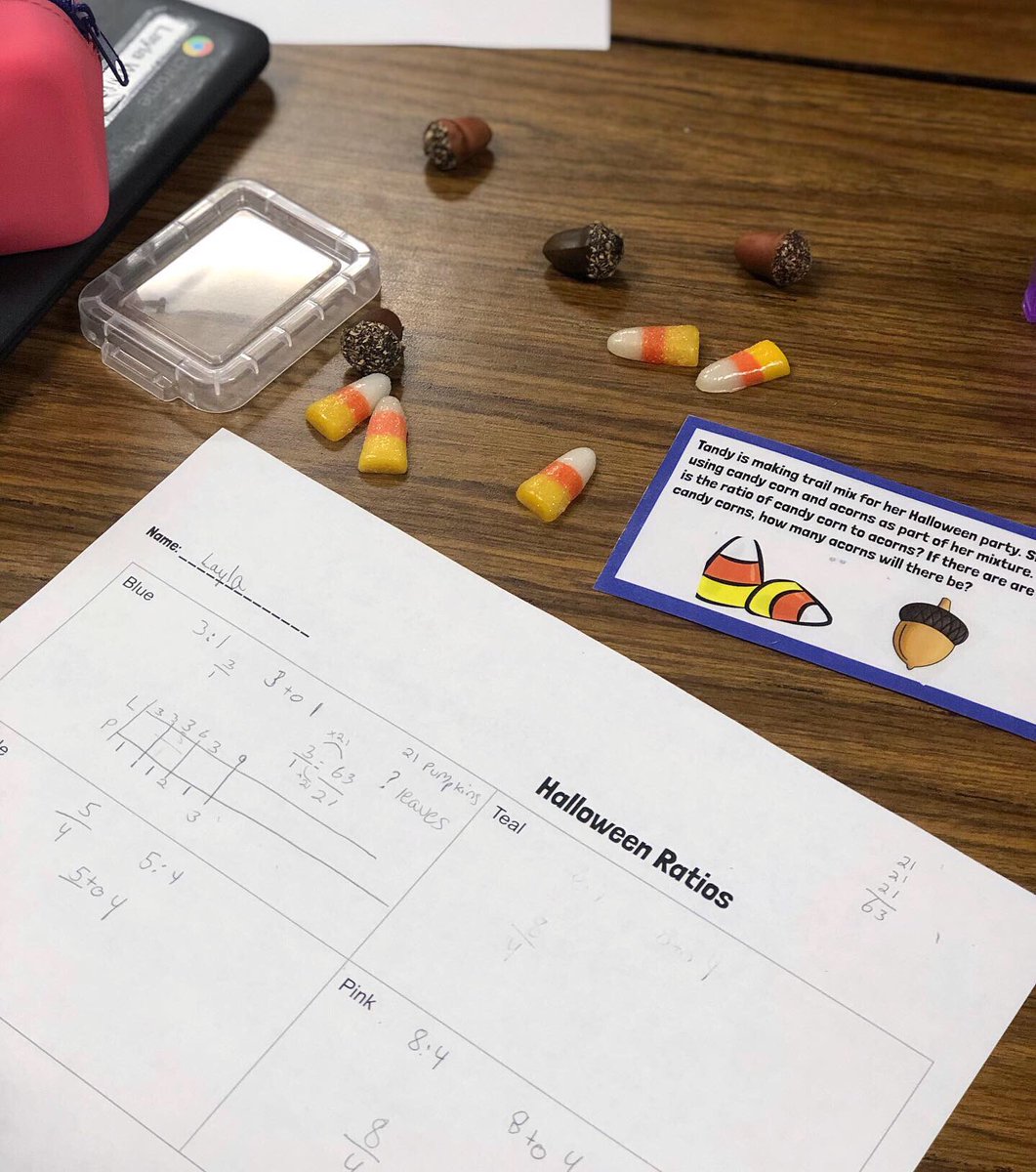 MathMrsGooch's tweet photo. 🎃👻 To review equivalent ratios, and get into the Halloween mood starting today, the students used miniature Halloween trinkets to answer task cards. They had a blast with this hands-on, spooky activity! 💀🎃 https://t.co/M8ZL7io5Gj