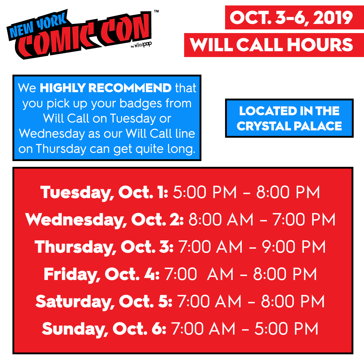 NY_Comic_Con's tweet photo. WILL CALL IS OPEN 💥 Head over to the Crystal Palace to pick up your badges. We highly recommend that you pick up your badges early, as our Will Call line on Thursday can get quite long.

Still need to buy your Thursday badge? Buy it now: https://t.co/HEvTsMArOn https://t.co/OW4vQvtD01