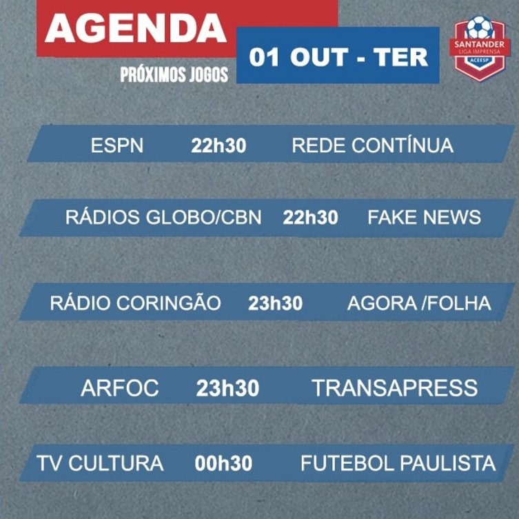 ACEESP1's tweet photo. Confira os horários dos jogos de hoje da  #LigaImprensa2019

#aceesp #Ligaimprensa2019 #imprensa #Santander #Itaipava #futebol https://t.co/zS8zq9QYfm