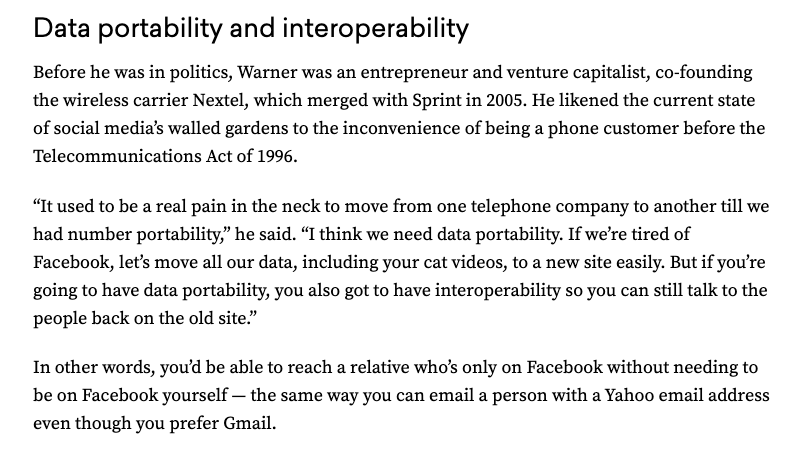 CharlottesWWWeb's tweet image. Definitely listen to @MarkWarner&apos;s interview w/ @KaraSwisher from yesterday on how to #RegulateBigTech. Including this great, clear explanation of interoperability. The full convo is here: vox.com/recode/2019/9/…