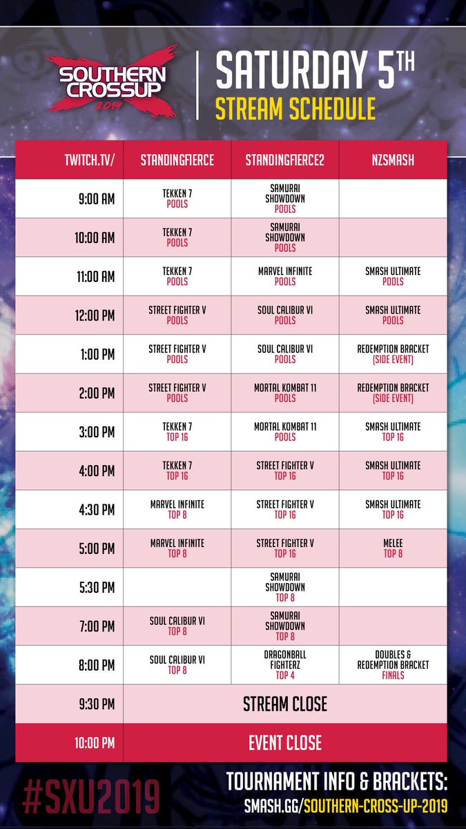 standingfierce's tweet photo. Okay so Dave forgot to include the Smash schedule, so we've updated the schedules on the Smashgg page and here are the updated schedule pages plus stream times. #NZFGC https://t.co/cB1FdSXTeI