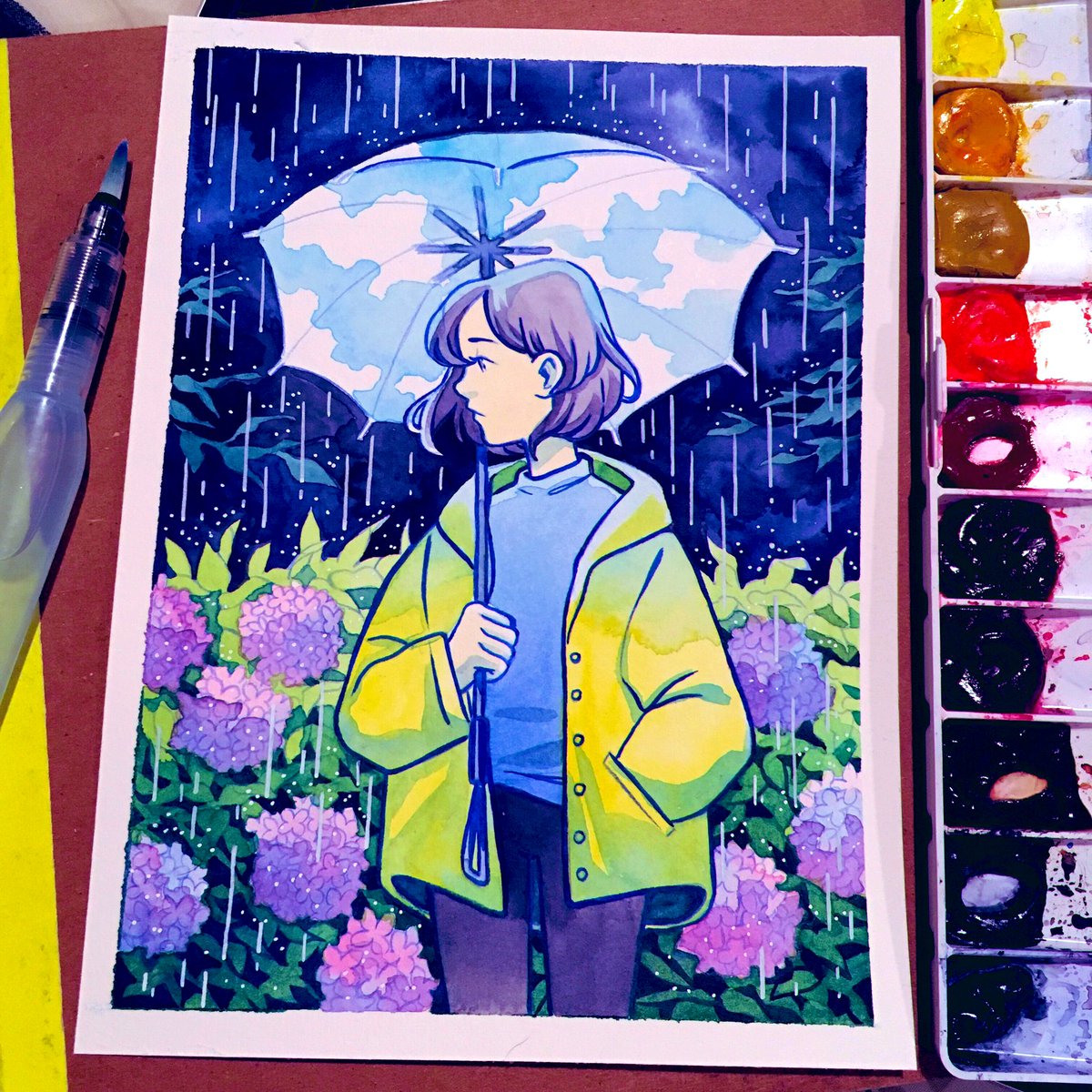 ArkRevner's tweet photo. I already have @heikala_art ‘s art book and my own watercolor supplies, but I just really wanted to paint this picture cause it’s just so pretty. #DrawWithHeikala #drawthisinyourstyle #dtiys https://t.co/2TTjp63CVe