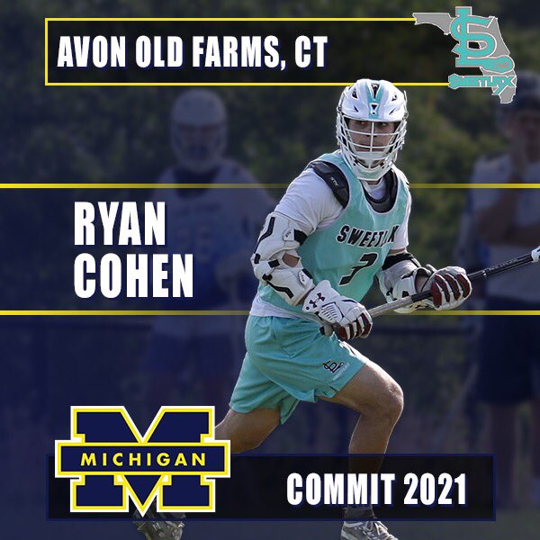 Sweetlax_Fla's tweet photo. The Boca Raton boy has found a new home! Florida ‘21, Ryan Cohen (@AOF_Lacrosse | Attack) and #100 ranked recruit by @ILPreps has committed to @UMichLacrosse . Congrats Ryan, looking forward to seeing you excel at the next level!

#sweetlax #sweetlaxflorida #sweetlaxcommits https://t.co/LLY7BELhbk