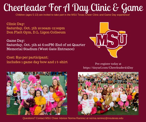 Children ages (5-13) are invited to take part in the MSU Texas Cheer Clinic &amp; Game Day experience this Saturday, October 5th! Limited spots available, pre-register today at tinyurl.com/Cheerleader4AD… <a href="/MSUTexas/">Midwestern State University</a> #StangGang