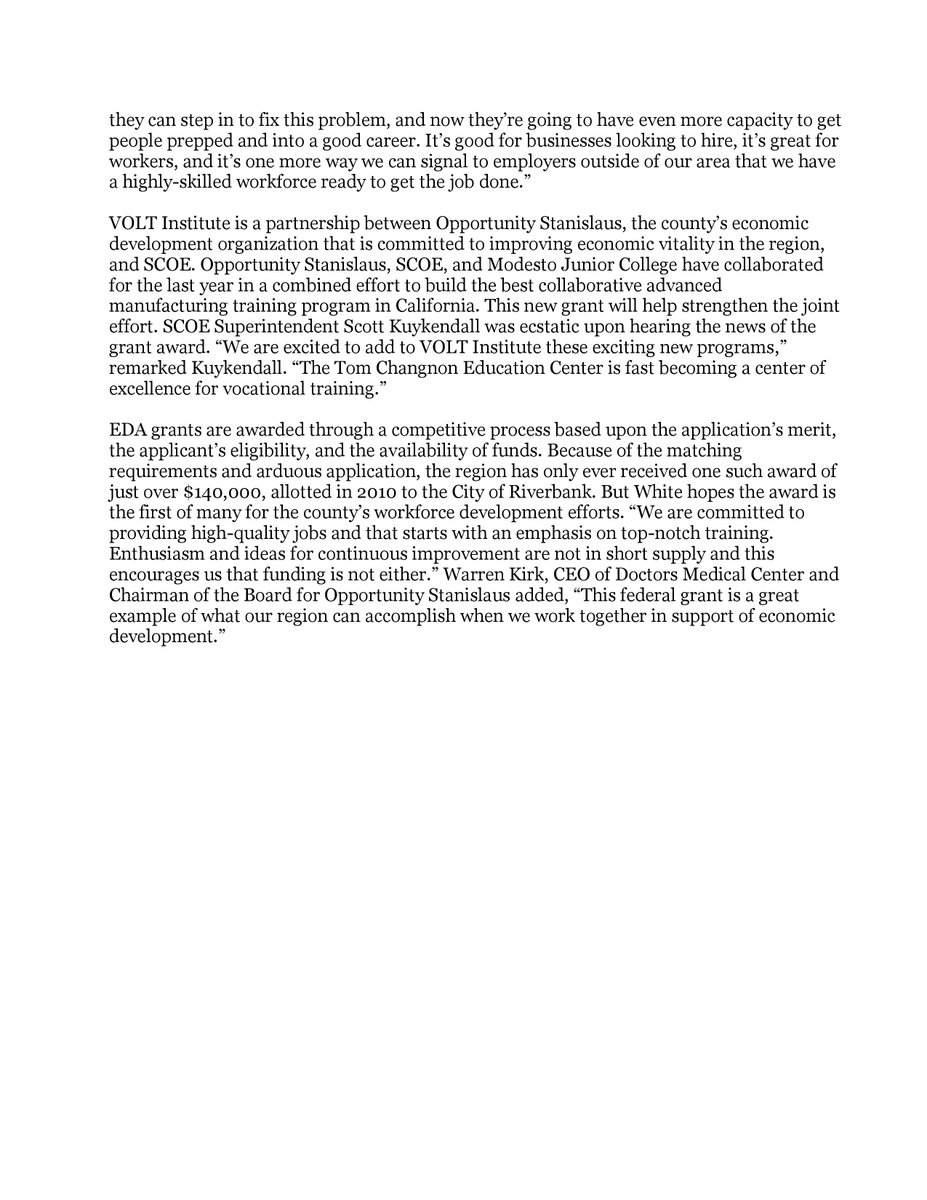 DavidLewisWhite's tweet photo. VOLT Institute and Modesto Junior College win $1 million federal EDA grant to expand advanced manufacturing training in the Northern San Joaquin Valley!  Check it out. https://t.co/hZYMLgr1Q2