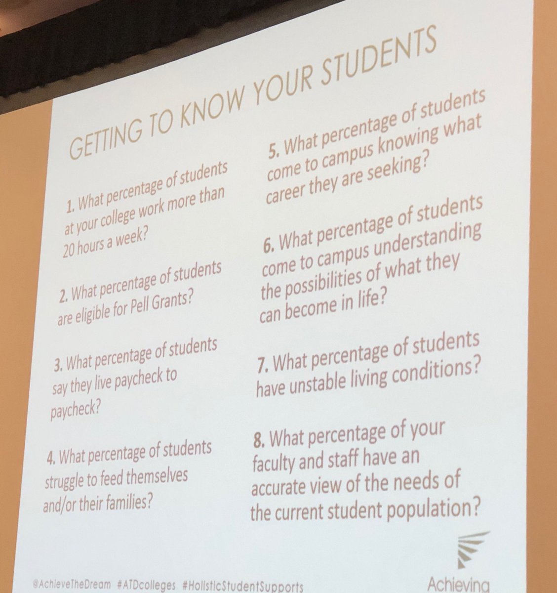 drkastout's tweet photo. From our opening #HolisticStudentSupports plenary—to design for students we must know our students. ⁦@AchieveTheDream⁩ https://t.co/AhQaEGAHWQ