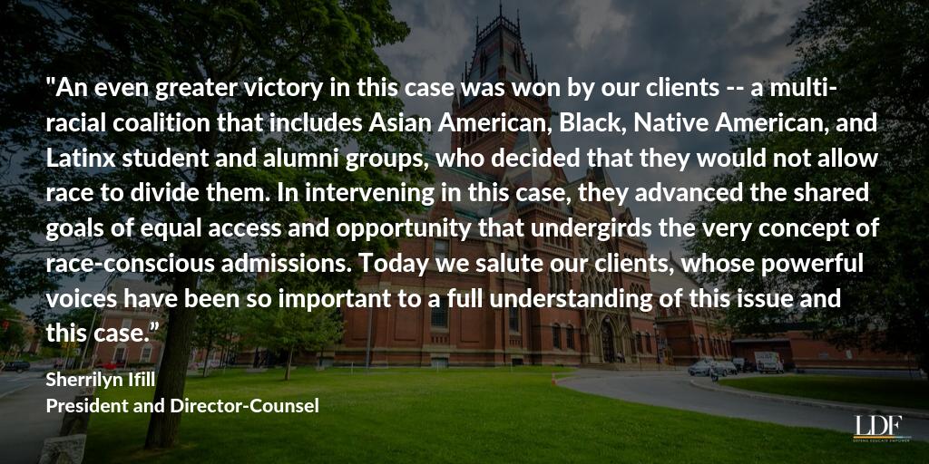 For over 40 years, the United States Supreme Court has repeatedly reaffirmed that colleges and universities have the right to consider race, as one of many factors, in admissions. The decision today upholds affirmative action. Read more: bit.ly/2p8r72d #Harvard