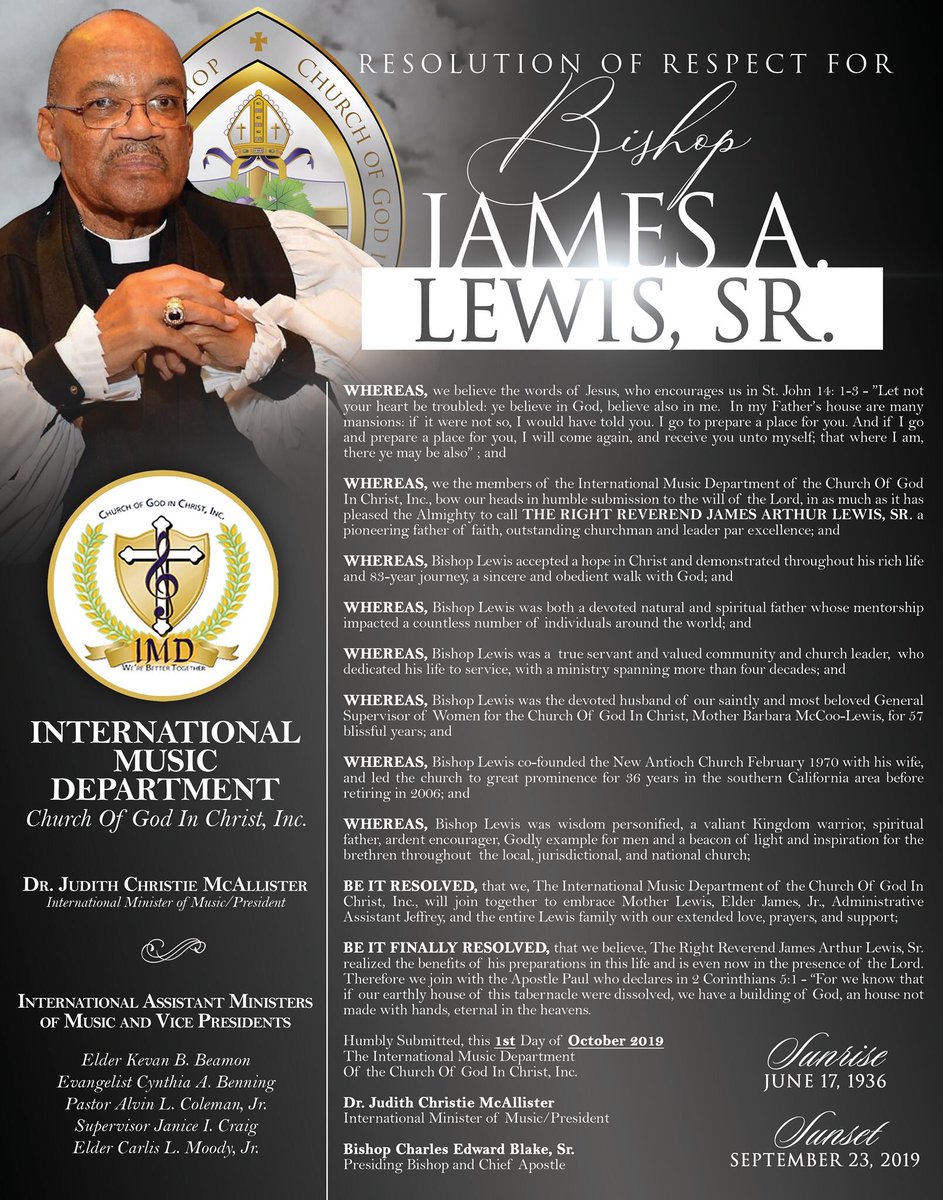 Resolution of respect for Bishop James A. Lewis, Sr. from Dr. <a href="/JUDAHMUSIC4U/">Judith McAllister</a> &amp; The COGIC Intl. Music Dept.