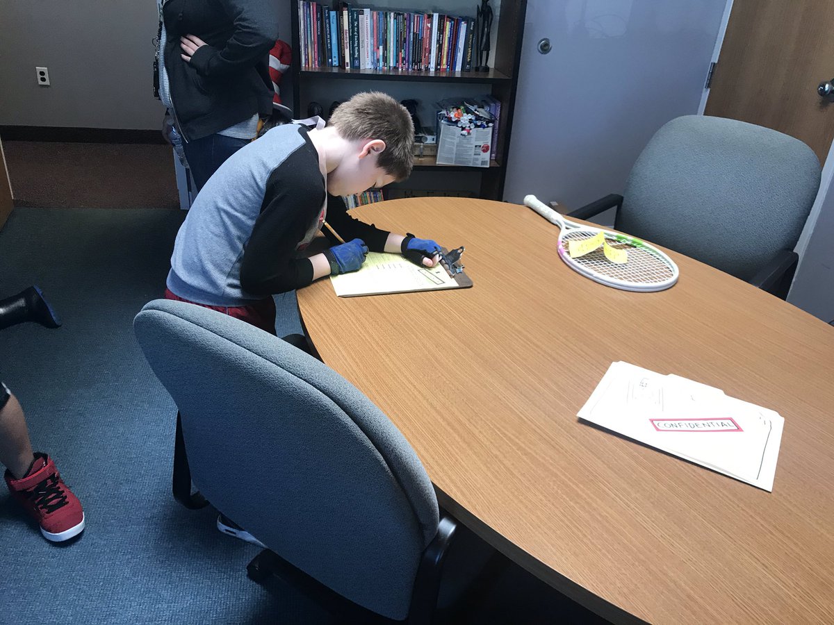 MissLecrone's tweet photo. Students practiced drawing conclusions by investigating a crime scene.... in the principals office!!  Students took notes of the evidence and read suspect interviews to determine who committed the crime!  Thanks for letting us use your office, Mr. Ferlick! @SASD_OakRidge https://t.co/BNonjtnOqD