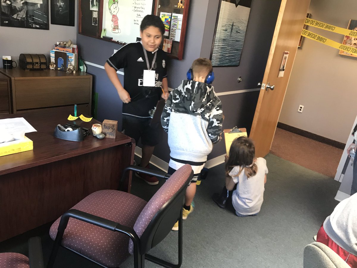 MissLecrone's tweet photo. Students practiced drawing conclusions by investigating a crime scene.... in the principals office!!  Students took notes of the evidence and read suspect interviews to determine who committed the crime!  Thanks for letting us use your office, Mr. Ferlick! @SASD_OakRidge https://t.co/BNonjtnOqD