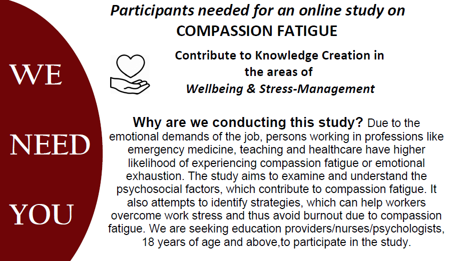 JCUCHS's tweet photo. Participants needed for a #JCUPsychology online study on Compassion Fatigue. Contribute to knowledge creation in the areas of wellbeing &amp; stress-management. We are seeking education providers/nurses/psychologists to participate in the study. https://t.co/U4hdKa7R1r https://t.co/DdBUhMGKOI