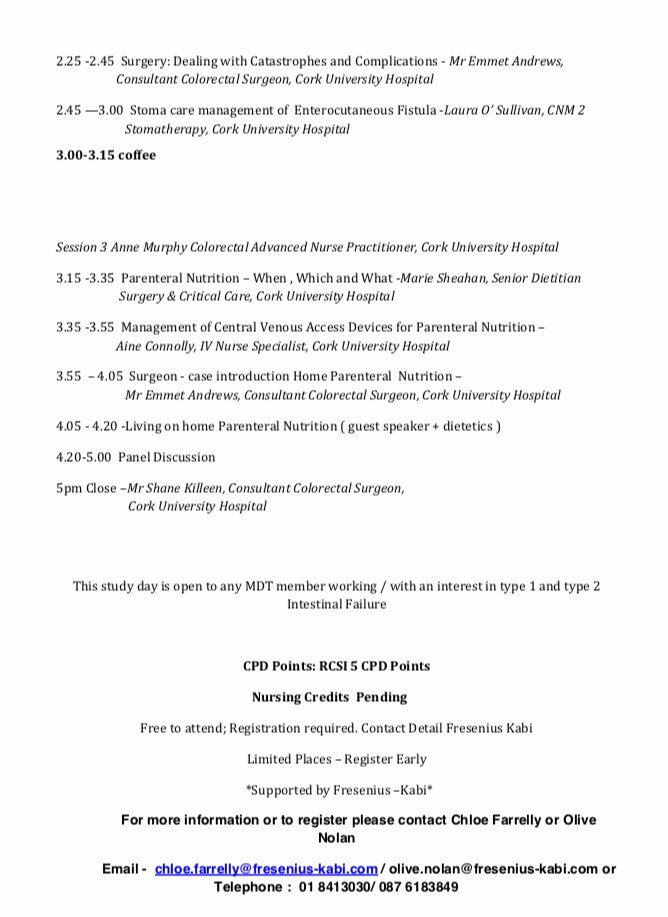 INTESTINAL FAILURE TRAINING DAY organised by the IF MDT <a href="/CUH_Cork/">Cork University Hospitals</a> on Wed Oct 23rd <a href="/UCC/">UCC Ireland</a>. Rv complex clinical cases, approach to decision making&amp;tips on inpatient&amp;ambulatory mgmt. Register by email: olive.nolan@fresenius-kabi.com <a href="/ISTGofficial/">Irish Surgical Training Group</a> <a href="/RCSI_Irl/">RCSI</a> <a href="/ASiTofficial/">ASiT</a> <a href="/isrctweets/">Irish Surgical Research Collaborative</a>