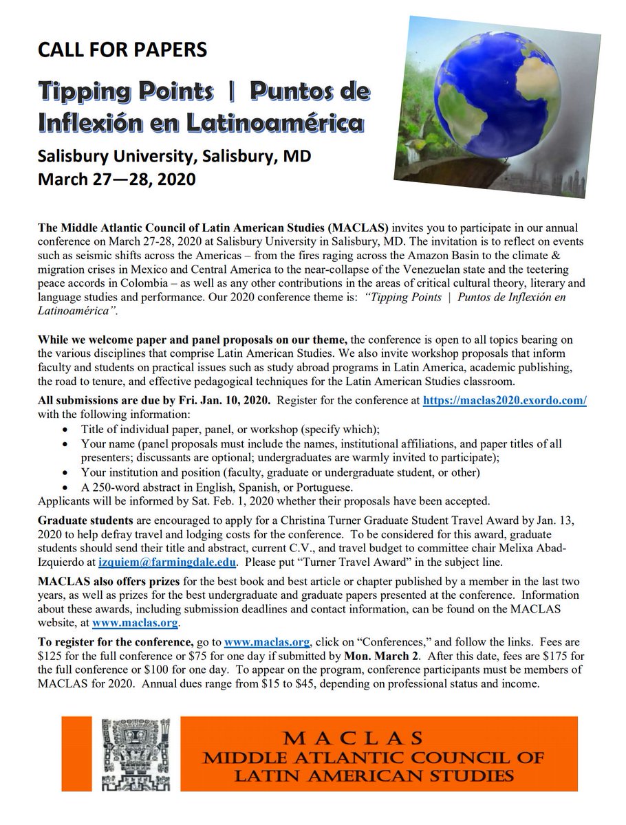 MaclasOrg's tweet image. Call for Papers: MACLAS 2020 Conference at Salisbury University. See maclas2020.exordo.com for details and submission.