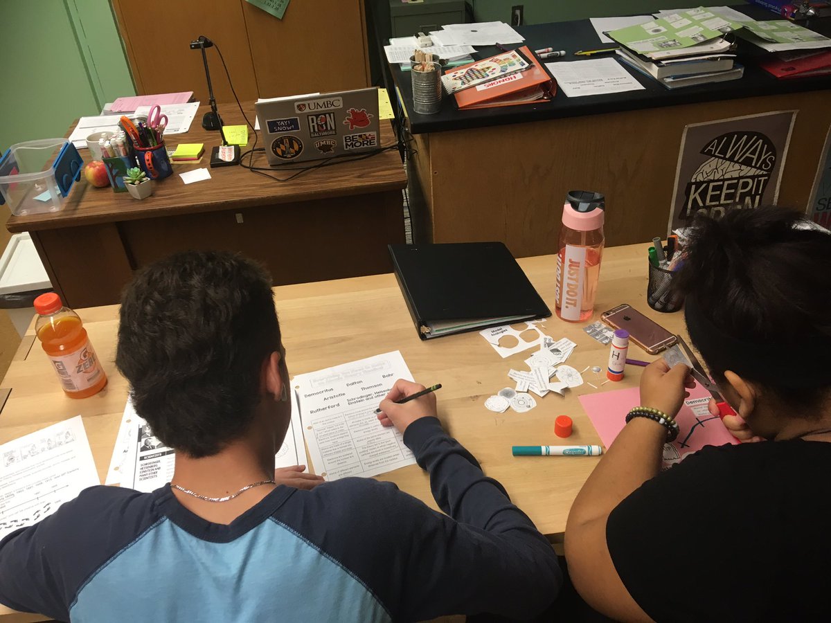 Physical Science Ss creating a history of atomic theory - “Woah, we used to think that matter was only made of earth, air, fire, and water. We’ve come a long way.” @IHSBucPride