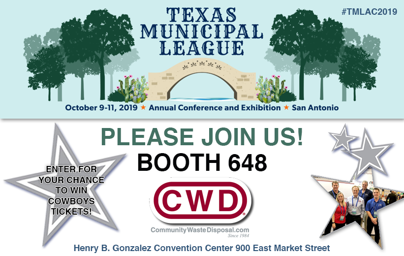 CWDisposal's tweet photo. See you in San Antonio for the Texas Municipal League Annual Conference and Exhibition! Stop by BOOTH 648 to visit with us - we look forward to seeing you there! #CWDCommunity #TML @TML_Texas https://t.co/NbLsZSE4PA
