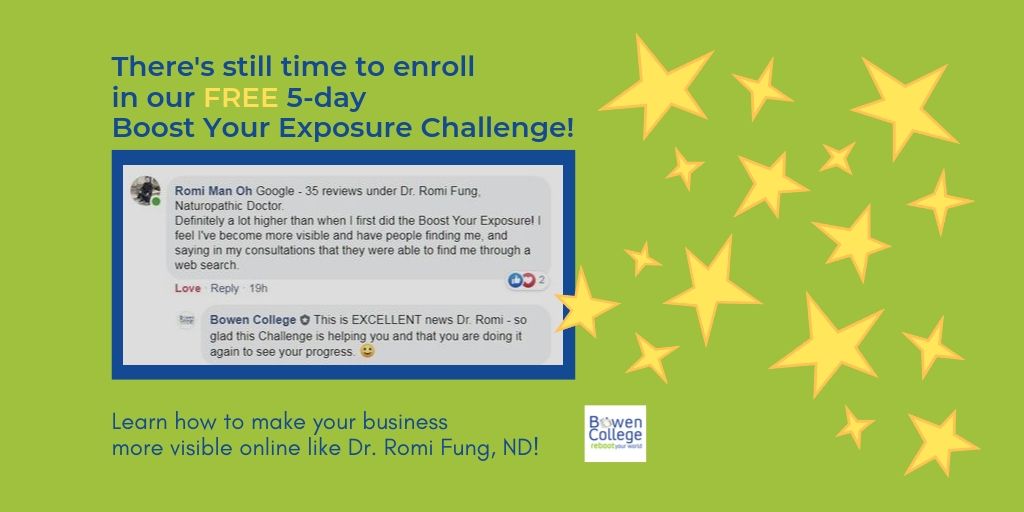 BOWENCOLLEGE's tweet image. Trying to #makeiteasy for customers to #findyourbusiness in #websearches like Dr. Romi Fung, ND? Join our free FREE 5-day #Boost Your #Exposure #Challenge to find out how.
Join now & get caught up! bowencollege.com/boost-your-exp…
#Marketing #Tips #SEO @DrManonBolliger