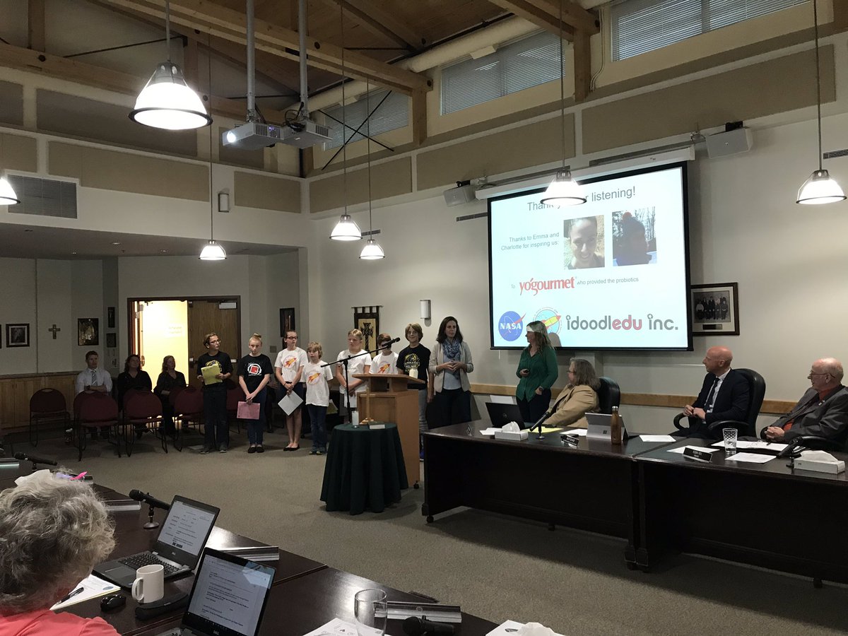 CDSBEO's tweet photo. Students from @HNOMAlmonte present information to Trustees on their #CubesinSpace project, an experiment which researched the effects of ionizing radiation on dehydrated yogurt cultures. The students were one of 60 international projects to participate in the #NASA initiative. https://t.co/I2N1TJmveh