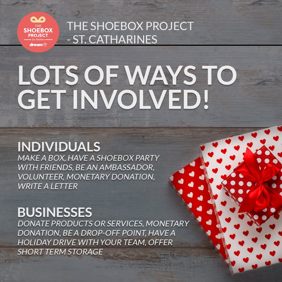 StCathShoebox's tweet photo. We would love to work with businesses to be apart of their team holiday drives. We can provide print and information materials, assist in the drive, and we pick up the donations right from your workplace. We will make it easy. PM to let us know you are interested! #donate https://t.co/OBAnIIwfcj