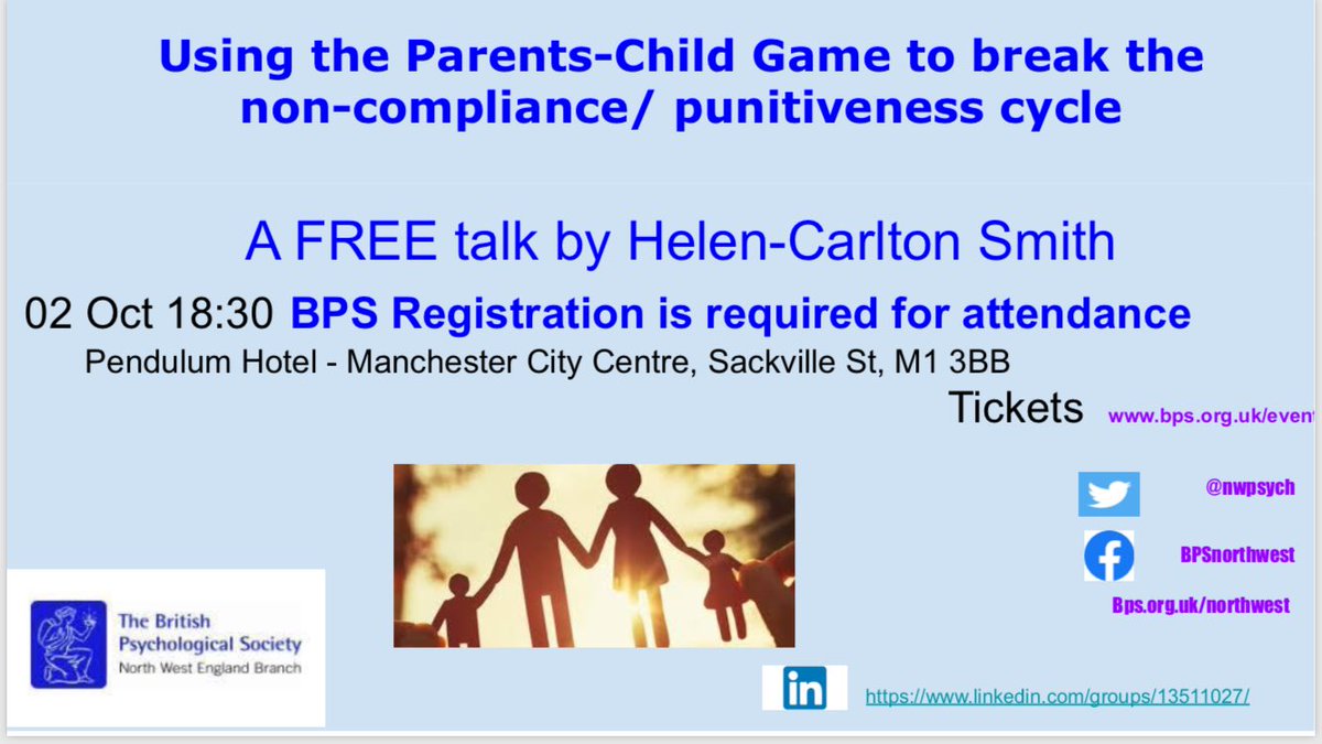 nwpsych's tweet photo. Join us tomorrow night @PendulumHotel Manchester for a free talk by Helen Carlton-Smith on using the parent-child game to break non-compliance, more details below and on the @BPSOfficial events page. https://t.co/EdxjgyEeI9