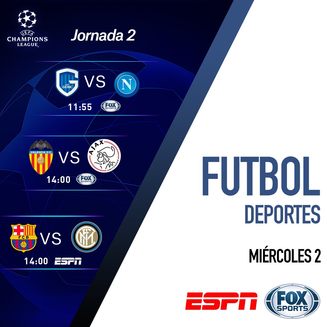 CablecomMX's tweet image. ⚽ ¿Quiénes anotarán los primeros goles? ¡No te pierdas los encuentros de la Jornada 2!⚽
RT: Genk vs Napoli  
FAV: Valencia vs Ajax
Comentario: Barcelona vs Internazionale