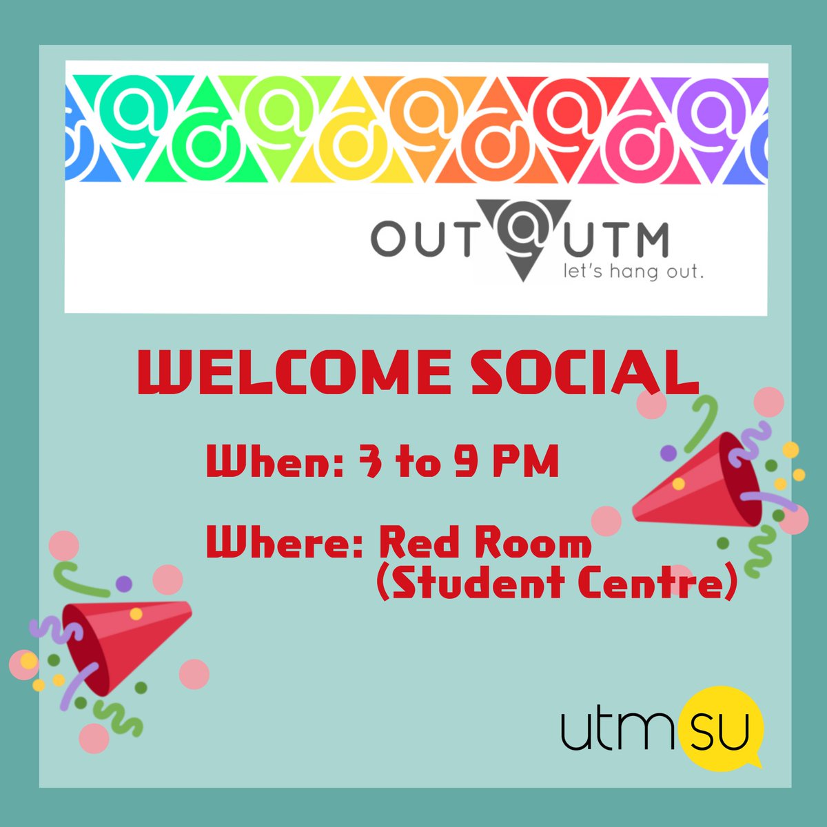 outatutm's tweet photo. Reminder to come to the Welcome Social tomorrow! It's from 3 to 9 in the Red Room, on the 2nd floor of the Student Centre. The elevator key is available on request at the front desk. We hope to see you there! https://t.co/2BxPodU20p