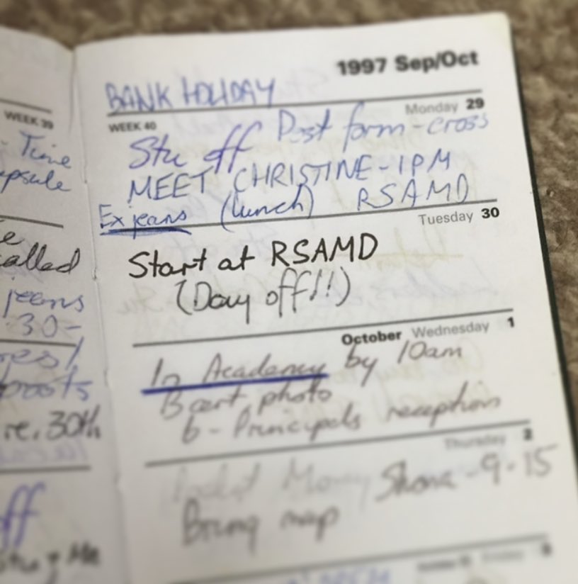 LindaMuirhead's tweet photo. 2 years ago I posted this pic of my diary entry noting when I started my degree @RCStweets
Today my #stagemanagement students @birminghamdrama were sending me their *period* research for our next show....
#AttemptsOnHerLife
Set in 1997 😫 https://t.co/rv5RvQMQJ2