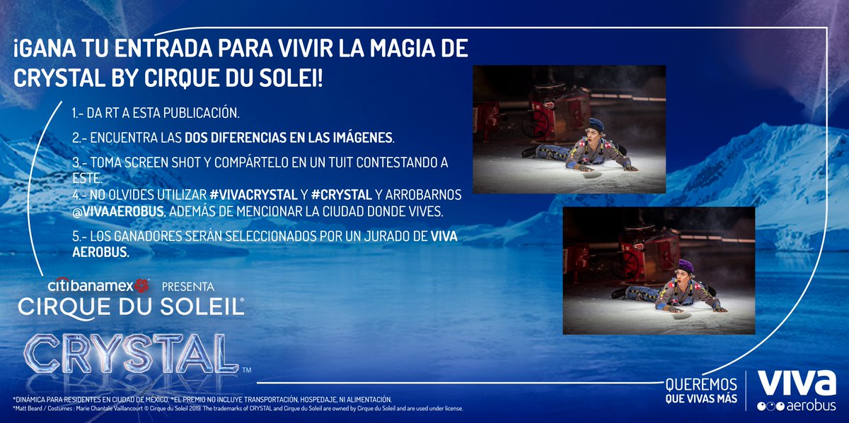 VivaAerobus's tweet photo. ¡RT! ¿Quieres asistir a Crystal by Cirque Du Soleil en CDMX? ⛸ Participa en nuestra dinámica y sé uno de los 13 ganadores de un pase doble. #VivaCrystal https://t.co/0ubFPWVRV8 #QueremosQueVivasMás https://t.co/tK3nXe1RKV