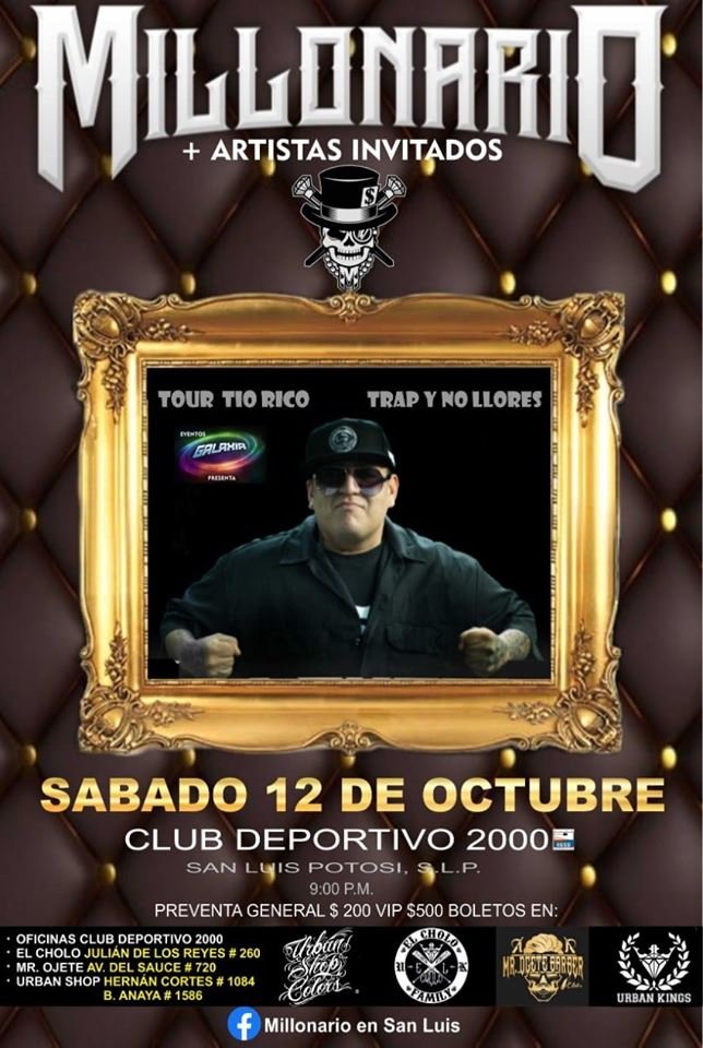 muchobeat's tweet photo. 💣 Próximos shows de @MILLONARIOBM Millonario 💣

👉  San Luis Potosi, 12 de Octubre.
👉 @motofiesta_leon 17 de octubre
👉 #360RevolutionFest , Tlalnepantla de Baz, 26 de Octubre

#TioRico #ElMillonario #Gira2019 https://t.co/7CEflR4yz2