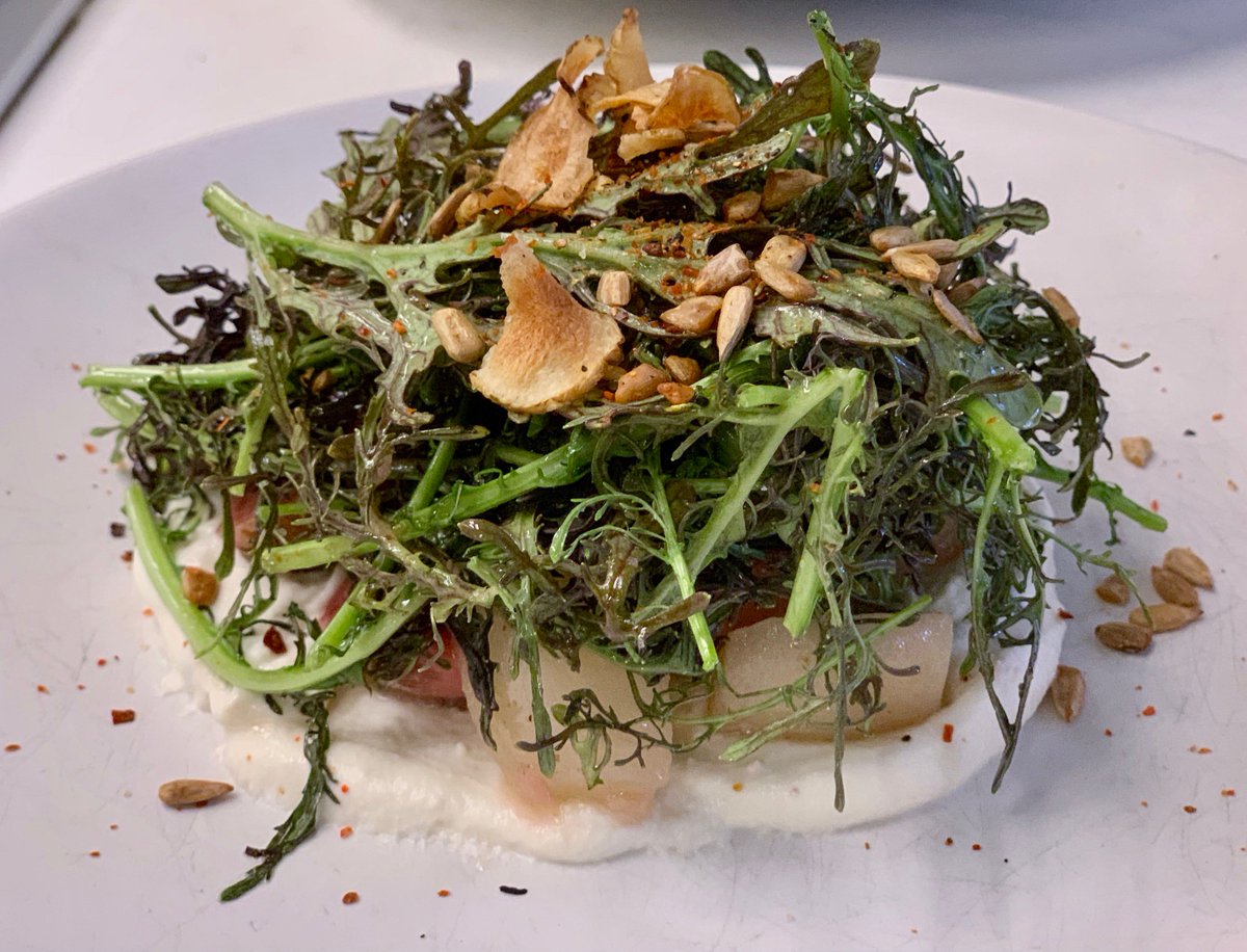 townhallBBQ's tweet photo. Chioggia Beet Salad with frilly mustard greens, smoked goat cheese crema, sunflower seeds, and verjus dressing. https://t.co/4vAESkxPMI