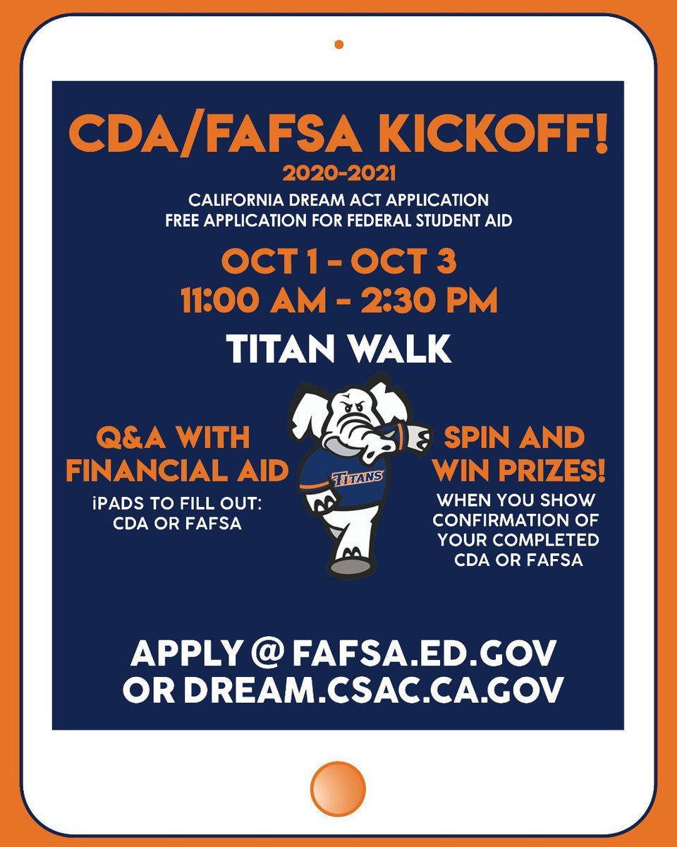 CSUF_CFS's tweet photo. Fafsa is here! Don't wait, fill it out ASAP. 
Visit the Titan Walk for in-person Q&amp;A's with Financial Aid Tomorrow and Thursday. https://t.co/o6D4Br3qA9