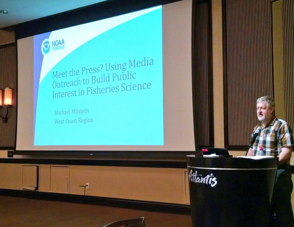 AFS_SciComm's tweet photo. Michael Milstein, former reporter and now public relations for @NOAAFish_WCRO provides a journalist's perspective on how scientists can help them communicate science. Big point = get press involved early in research process! #BeyondPub #AFS149 #TWS2019 #fishnwild https://t.co/xx9pGVJDEl