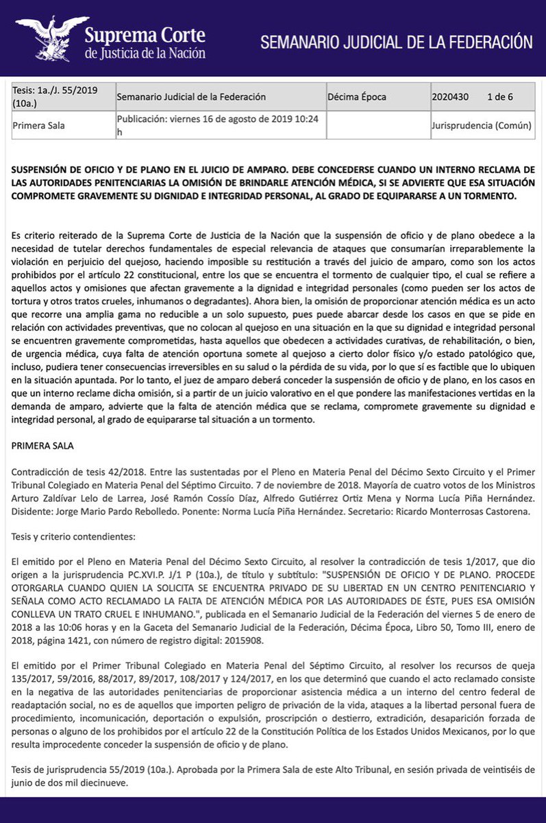 SCJN's tweet photo. En el juicio de amparo es procedente la suspensión de oficio y de plano del acto reclamado ante la omisión de la autoridad penitenciaria de brindar a un interno la atención médica si con ello se afecta su integridad y dignidad humana #Jurisprudencia ⚖️
📝 https://t.co/fJj0z4xViC https://t.co/KGCARJtGBT
