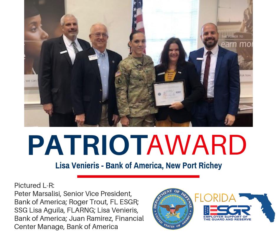 FL_ESGR's tweet image. #PatrioticEmployer  Lisa Venieris of @BankofAmerica received the @DeptofDefense Patriot Award for her exceptional support of the members of the #GuardReserves employed by the organization. Award requested by SSG Lisa Aguila, Florida Army National Guard #ESGR @ESGR