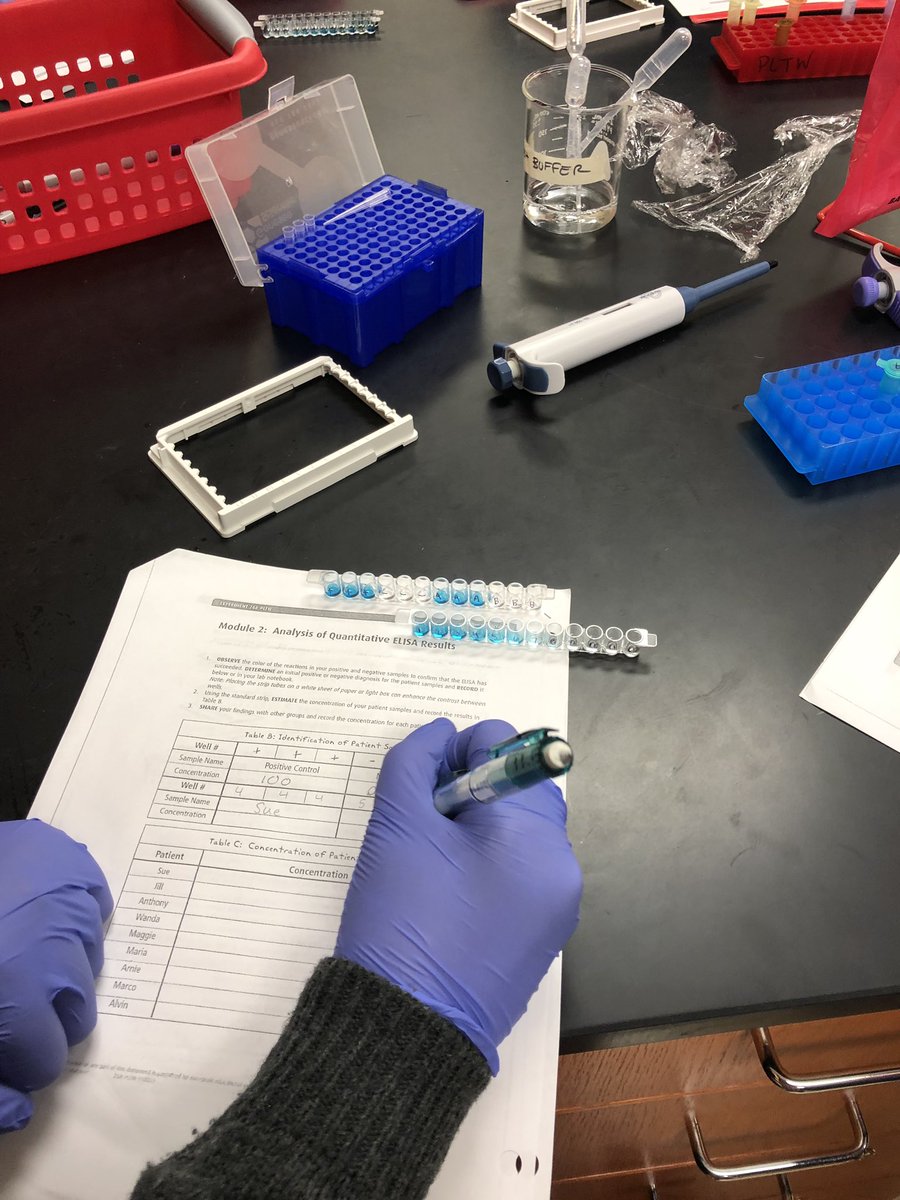 jochl's tweet photo. Medical Interventions students performing an ELISA to determine which patients are infected. @PLTWorg @wilmotuhs #InspiredbyWilmot https://t.co/G69tADXIvt