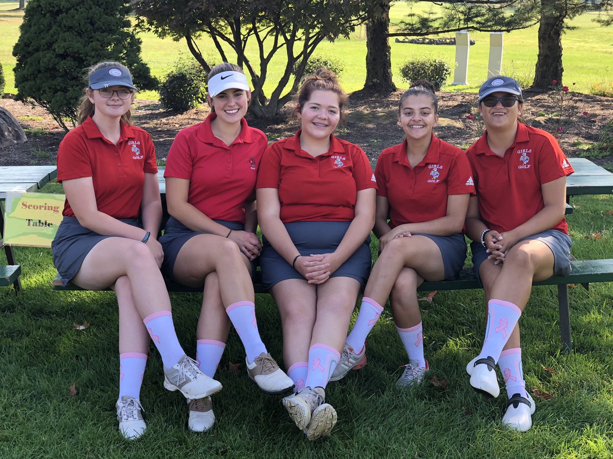 GenevaGirlsGolf's tweet photo. Girls Golf Team recognizes and supports Breast Cancer Awareness Month by wearing pink ribbon socks at the Sectional Golf Tournament today. https://t.co/DwNUrniwo1